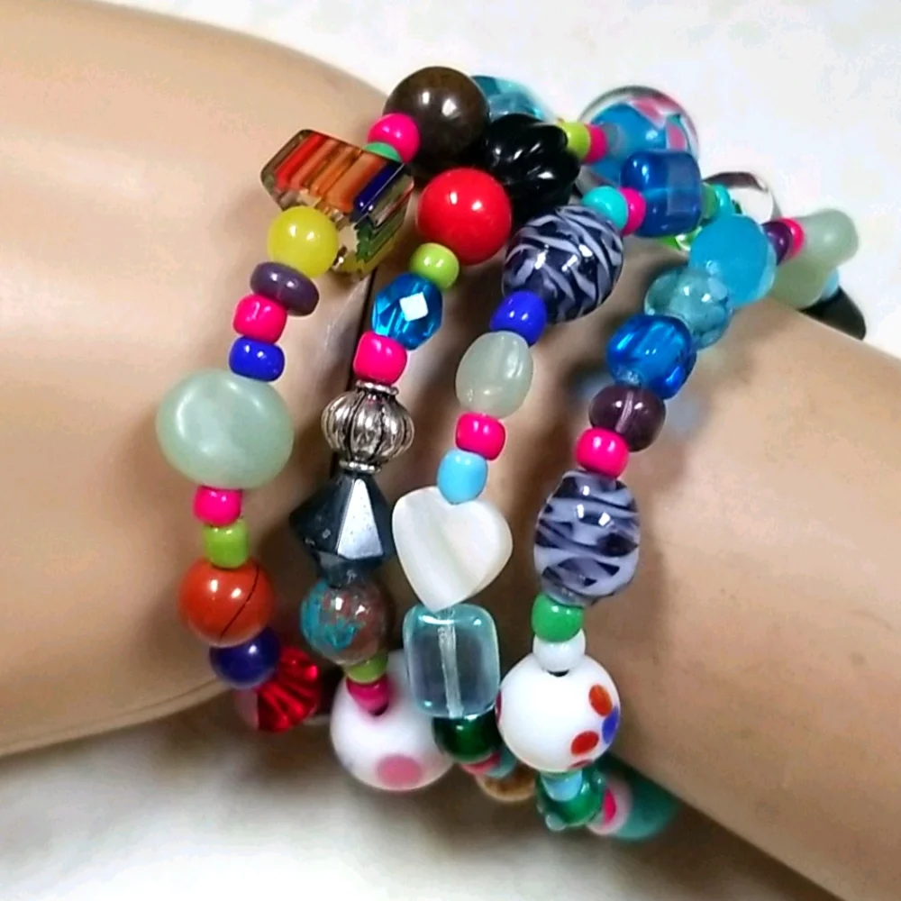 Hand Crafted Vintage Glass and Turquoise and Semi-precious Bead Wrap Bracelet - Picture 13 of 16